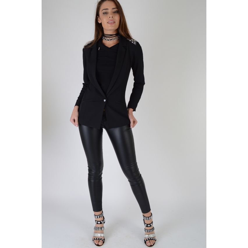 Lovemystyle equipada Blazer negro con hombro embellecido detalle - muestra