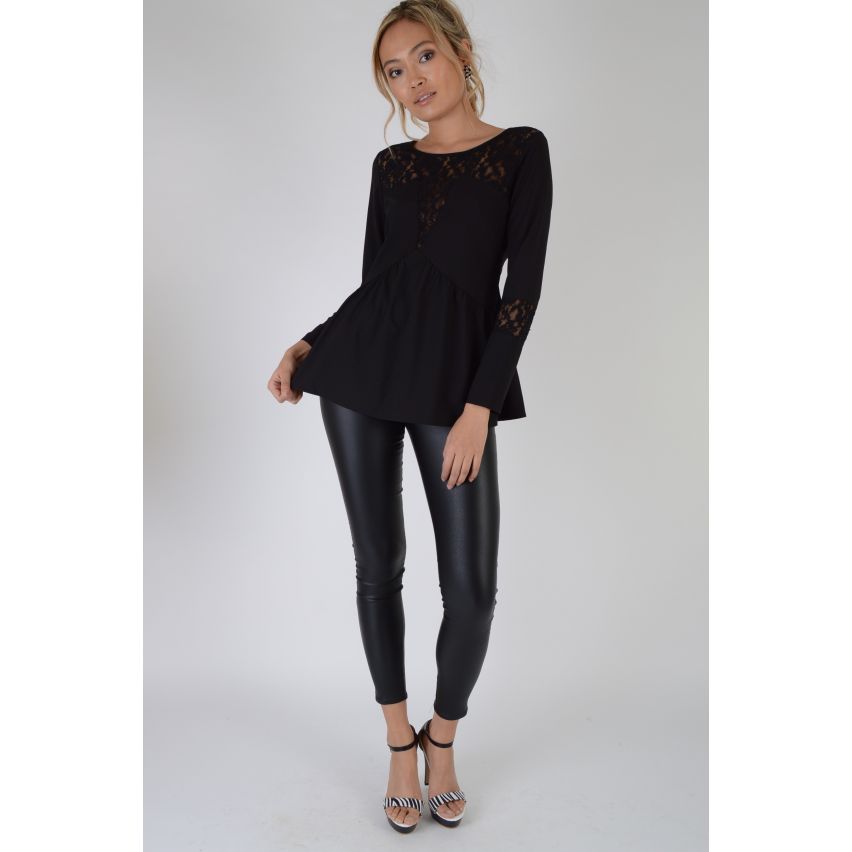 Lovemystyle Long manches dentelle Top avec Peplum en mousseline de soie en noir