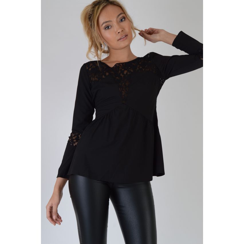 Lovemystyle Long Sleeved Lace Top With Chiffon Peplum In Black