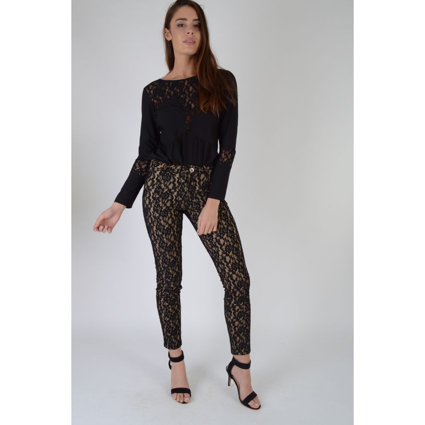 Lovemystyle Nude Pencil Trousers With Black Lace Overlay