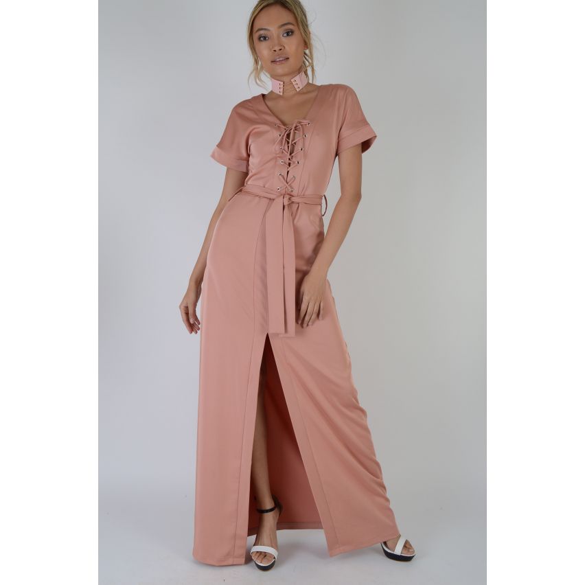 Lovemystyle encaje vestido Maxi con Split frontal en color rosa polvo - muestra