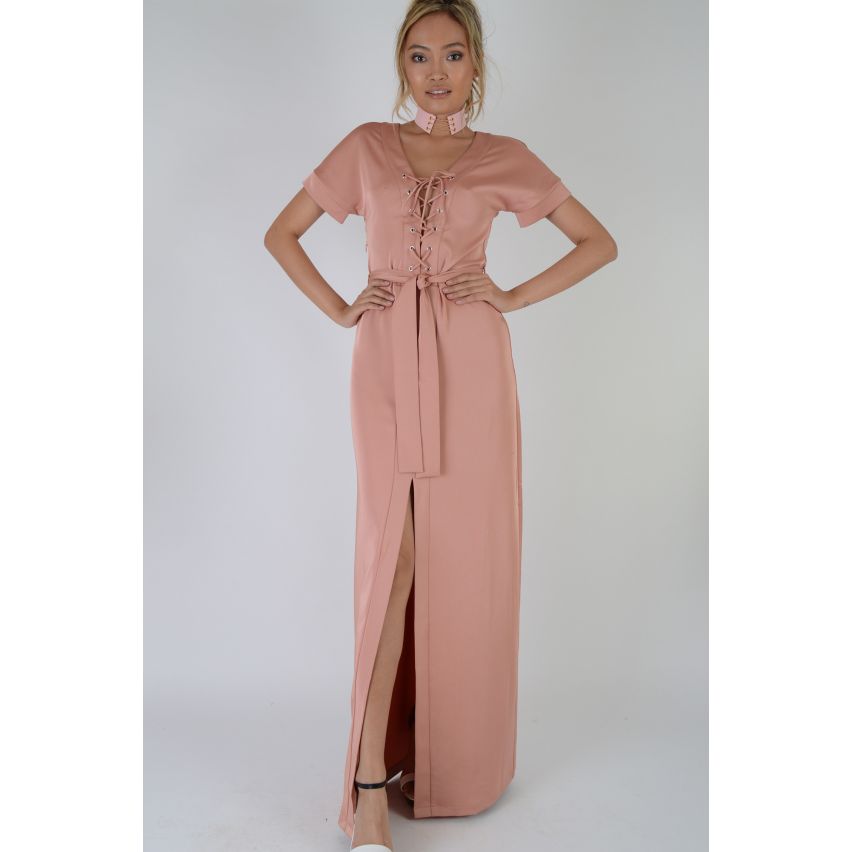 Lovemystyle Lace Up Maxi Dress With Front Split In Dusty Pink - SAMPLE