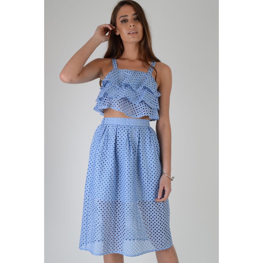 Lovemystyle Staub blau Co-Ord mit MIDI-Rock und Rüschen Top