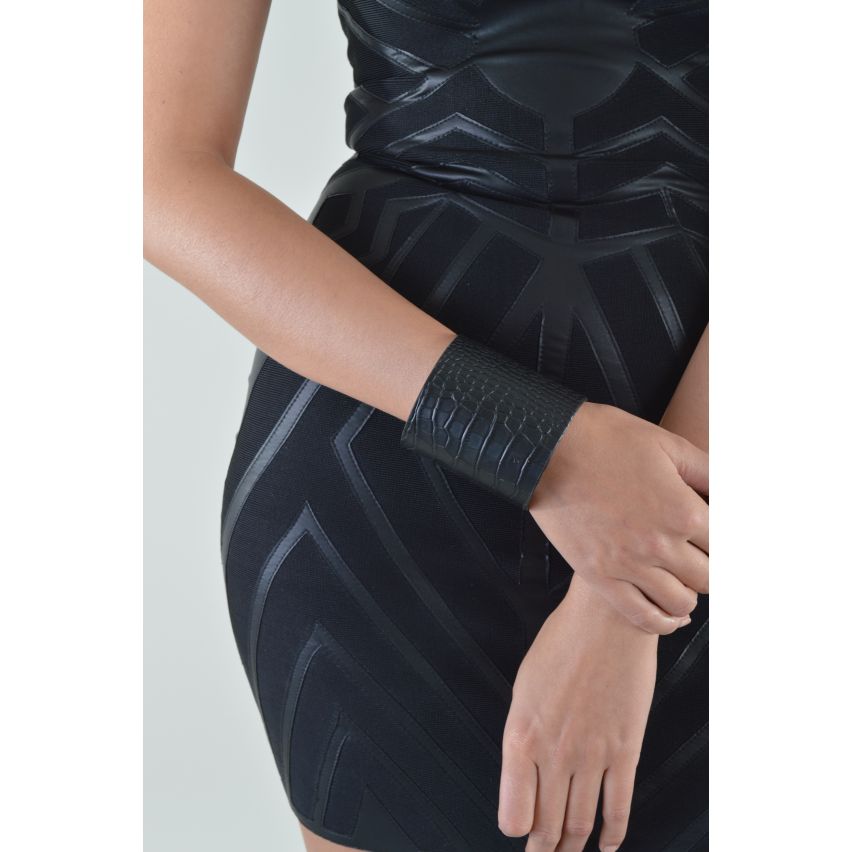 LMS spessa finto coccodrillo Bangle In nero in pelle