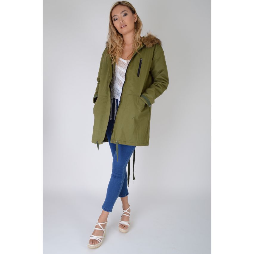 Lovemystyle Parka jas met Faux Fur capuchon In kaki groen - monster
