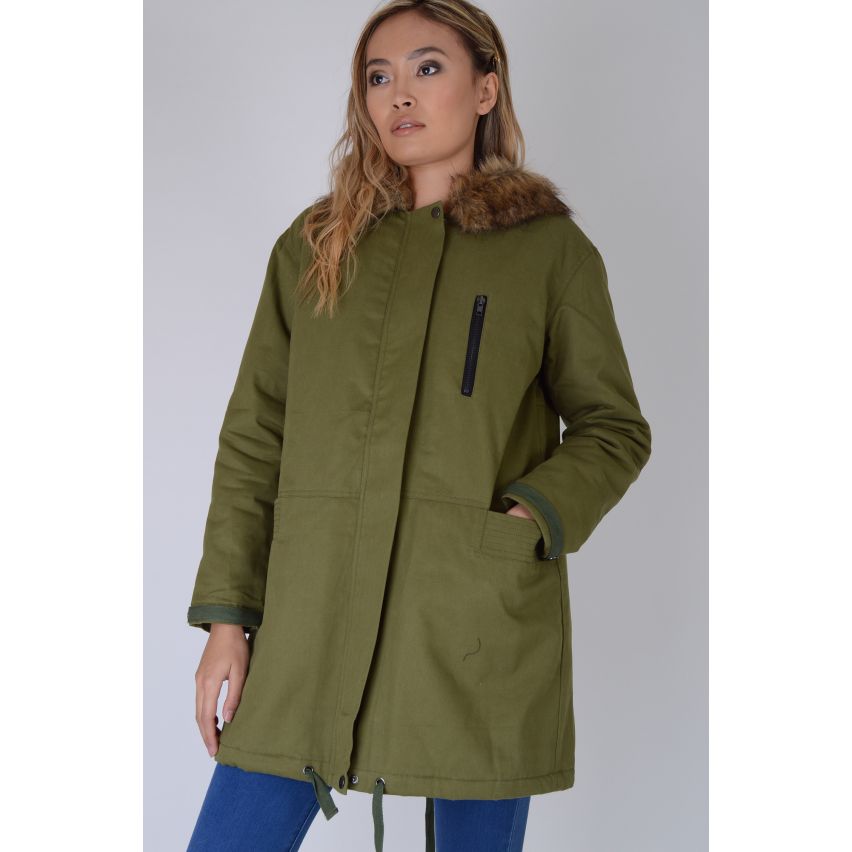 Lovemystyle Parka jas met Faux Fur capuchon In kaki groen - monster