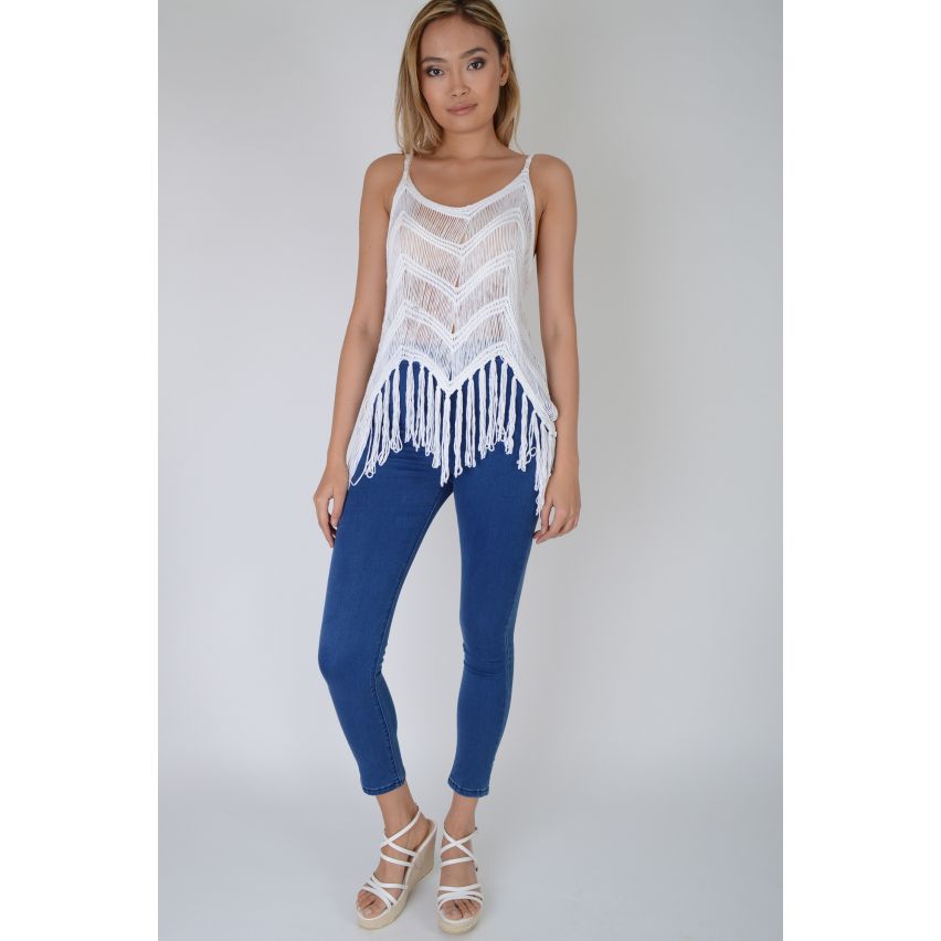 LMS Crotchet Festival Vibes Dress With Tassel Hem In White - SAMPLE