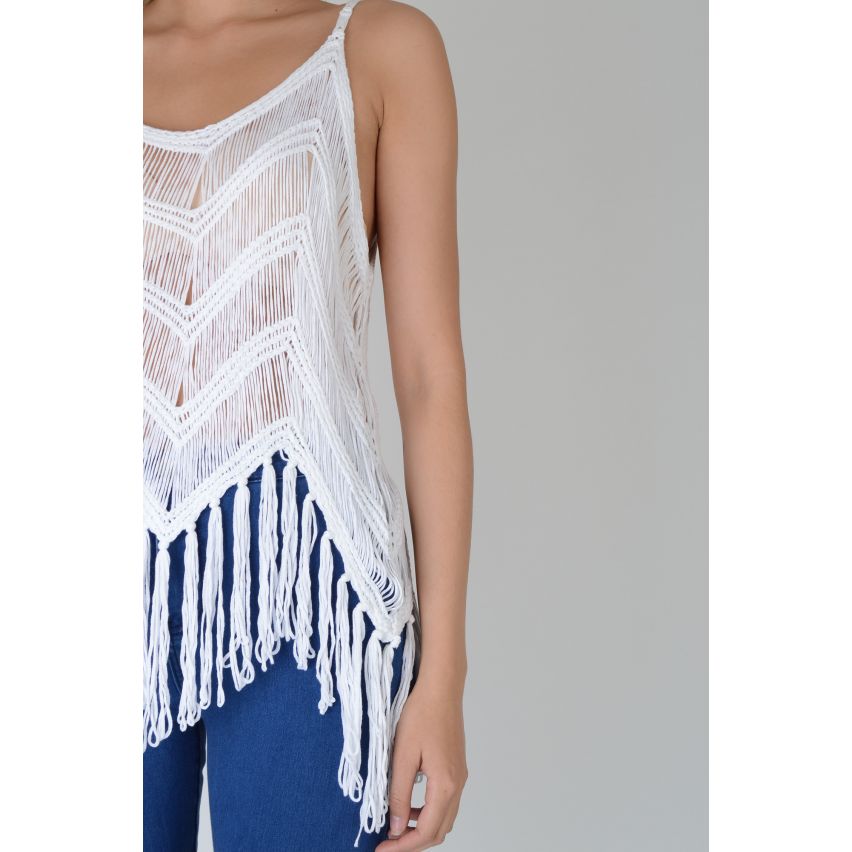 LMS Crotchet Festival Vibes Dress With Tassel Hem In White - SAMPLE