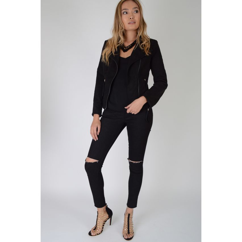 Lovemystyle Black Suede Effect Biker Jacket With Zips - SAMPLE