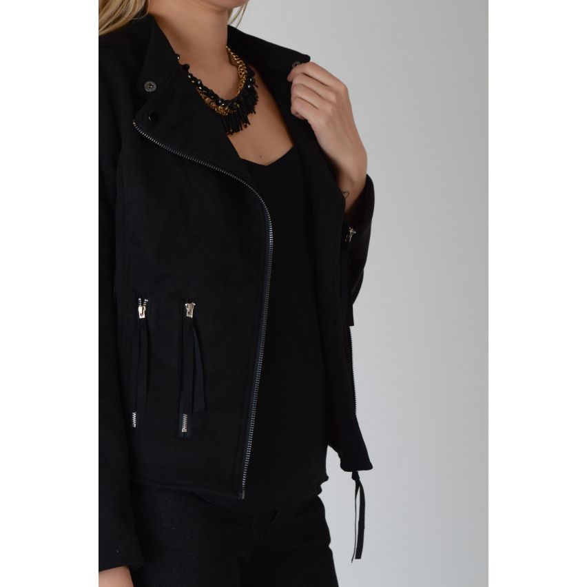 Lovemystyle Black Suede Effect Biker Jacket With Zips - SAMPLE