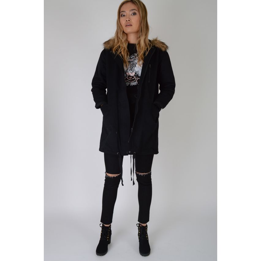 Lovemystyle Black Parka Coat With Faux Fur Trim Hood - SAMPLE