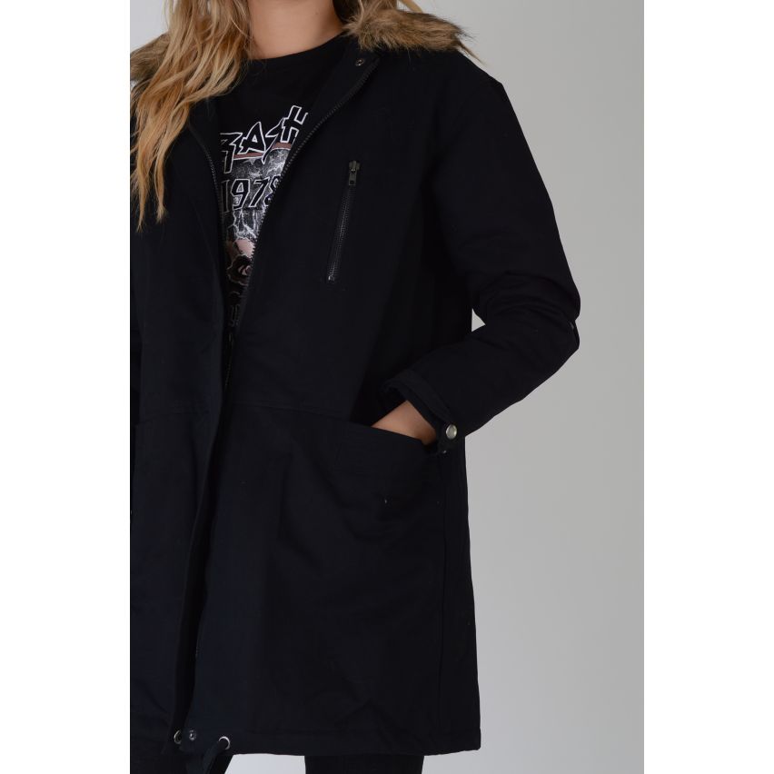 Lovemystyle Black Parka Coat With Faux Fur Trim Hood - SAMPLE