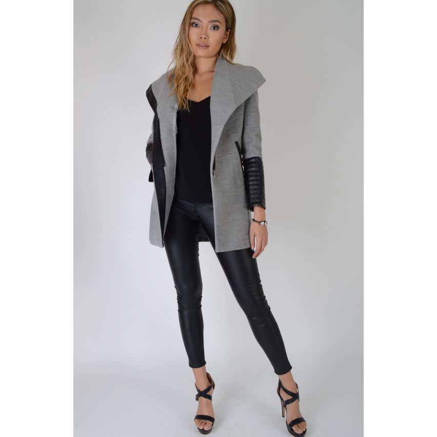 Lovemystyle Grey Wool Coat With Faux Black Leather Arms