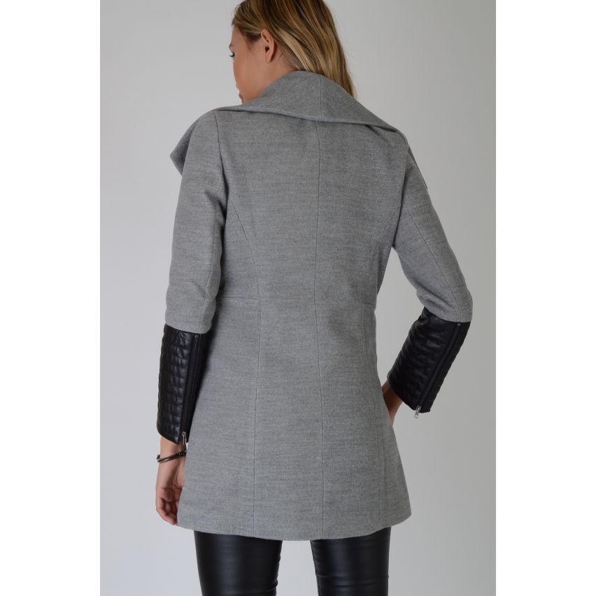Lovemystyle Grey Wool Coat With Faux Black Leather Arms