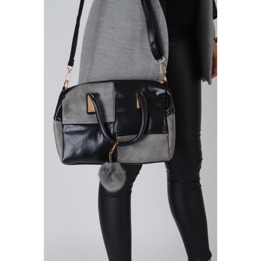 Lovemystyle Black And Grey Check Handbag With Pom-Poms