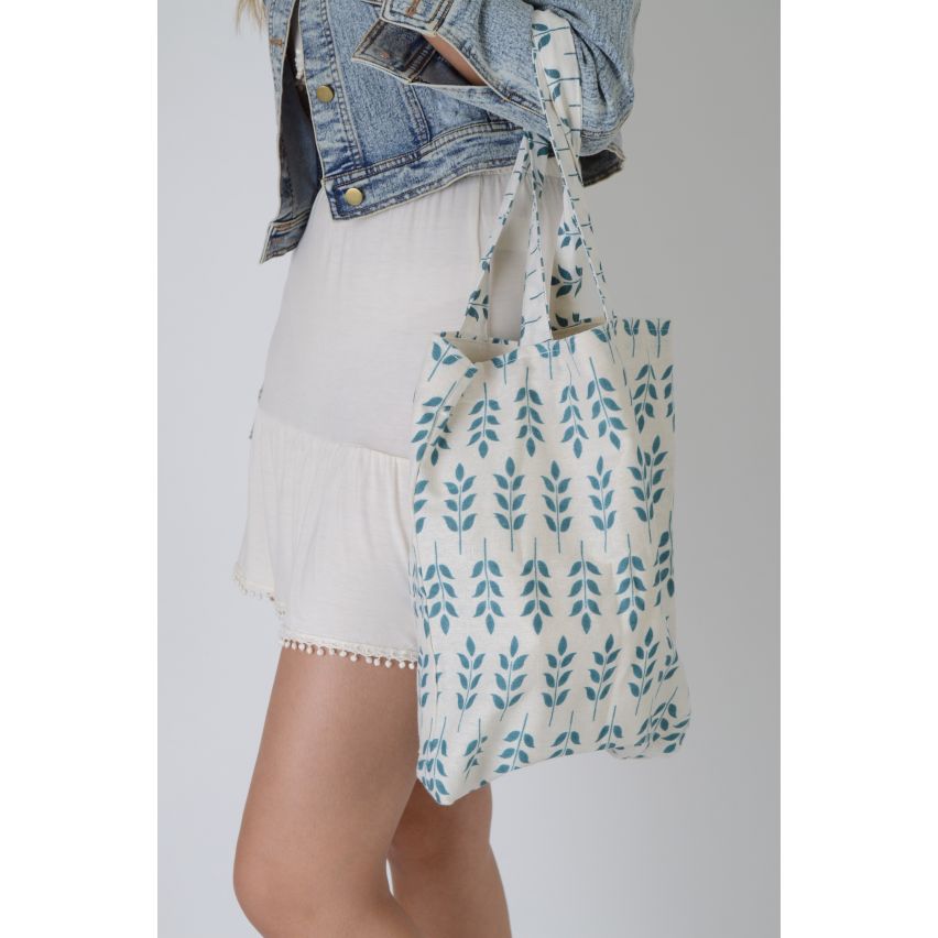 Lovemystyle Cream Tote Bag With Green Leaf Print
