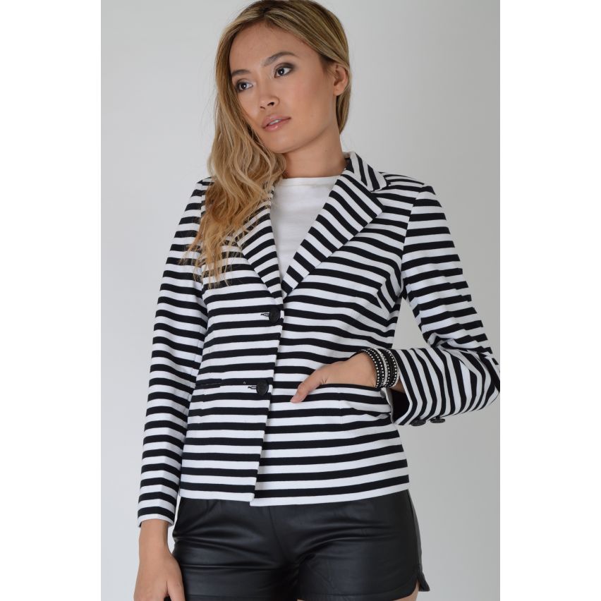 Lovemystyle Black And White Striped Blazer Jacket With Button