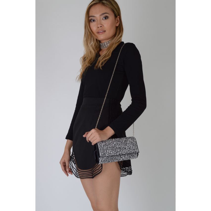 Lovemystyle Black Glitter Side Bag With Silver Metal Strap
