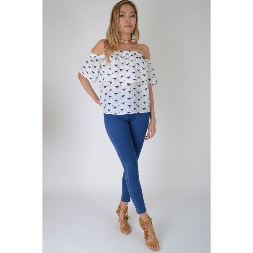 LMS White Off The Shoulder Frill Top With Horse Print In Blue - SAMPLE