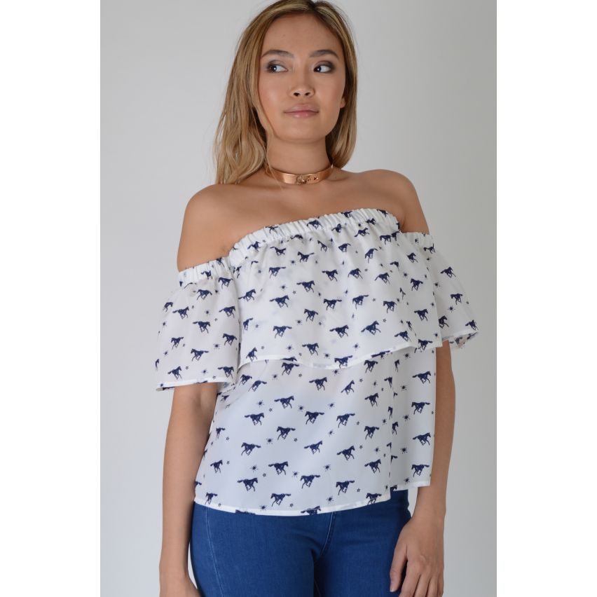 LMS White Off The Shoulder Frill Top With Horse Print In Blue - SAMPLE