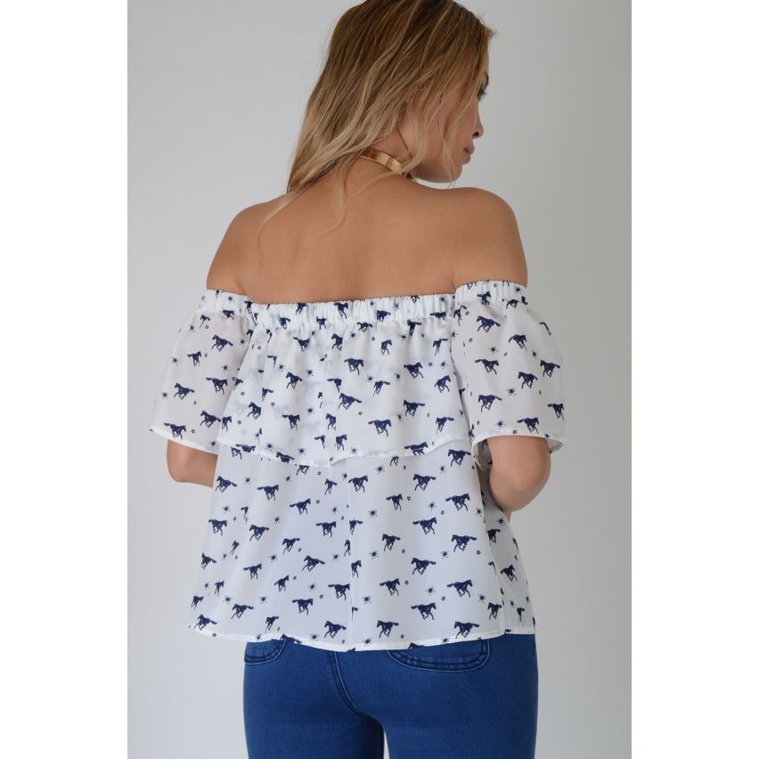 LMS White Off The Shoulder Frill Top With Horse Print In Blue - SAMPLE