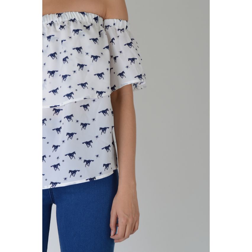 LMS White Off The Shoulder Frill Top With Horse Print In Blue - SAMPLE