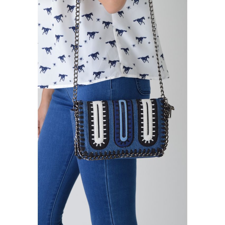 Lovemystyle Chain Trimmed Blue, White And Black Cross Body Bag