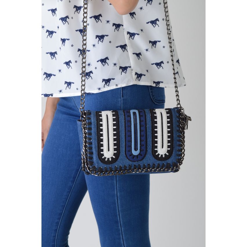 Lovemystyle catena parzialmente rasata blu, bianco e nero Cross Body Bag