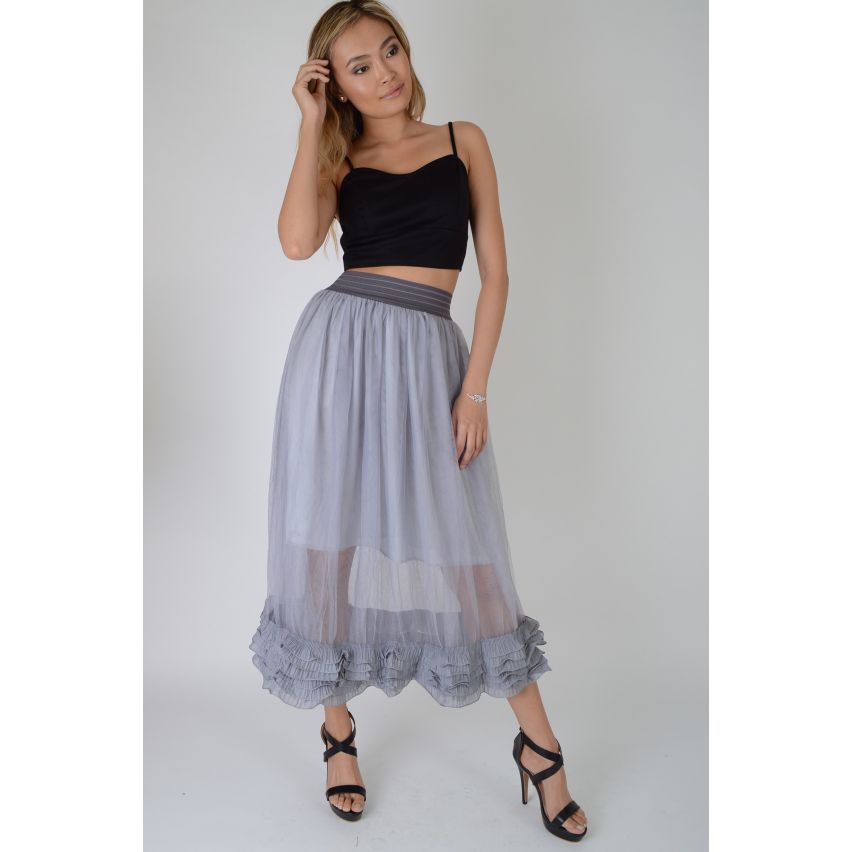 Lovemystyle Grey Midi Skirt With Chiffon Overlay And Frill Hem - SAMPLE