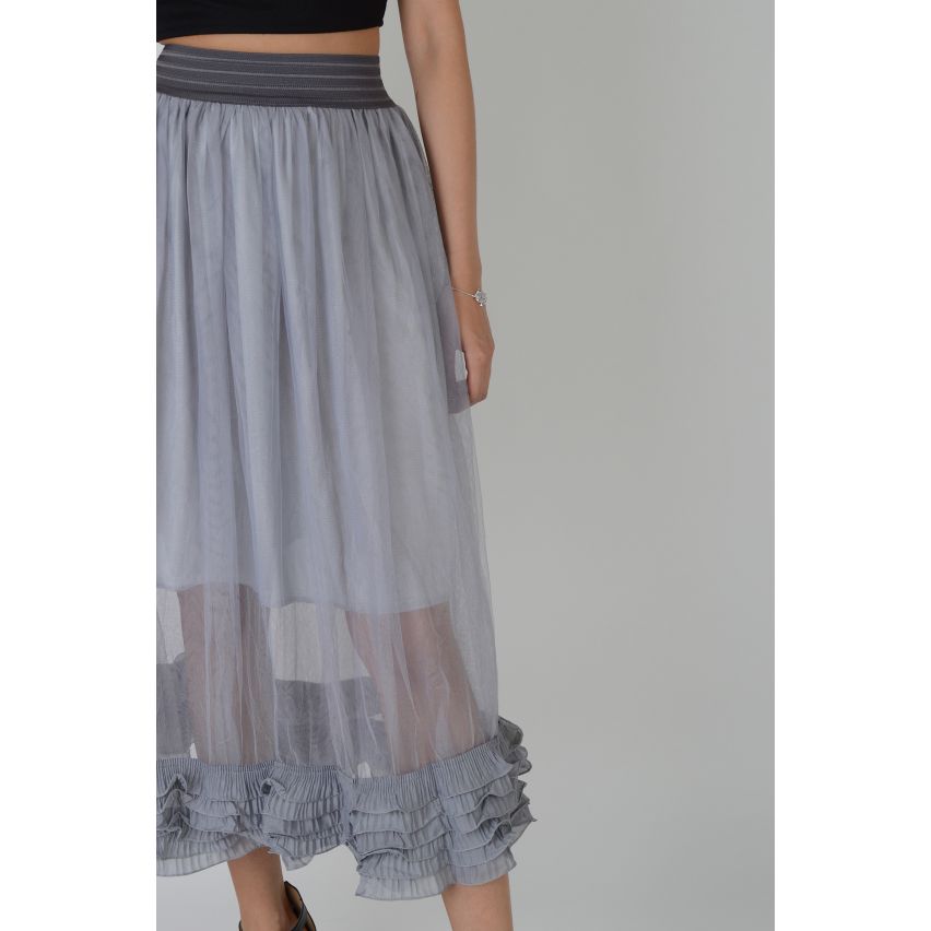 Lovemystyle grå Midi kjol med chiffong Overlay och krås fåll - prov