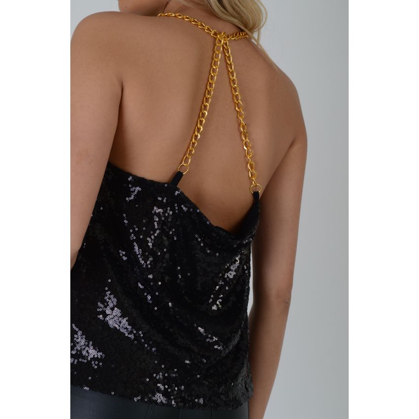 Lovemystyle schwarz Pailletten Weste mit Goldkette Detail