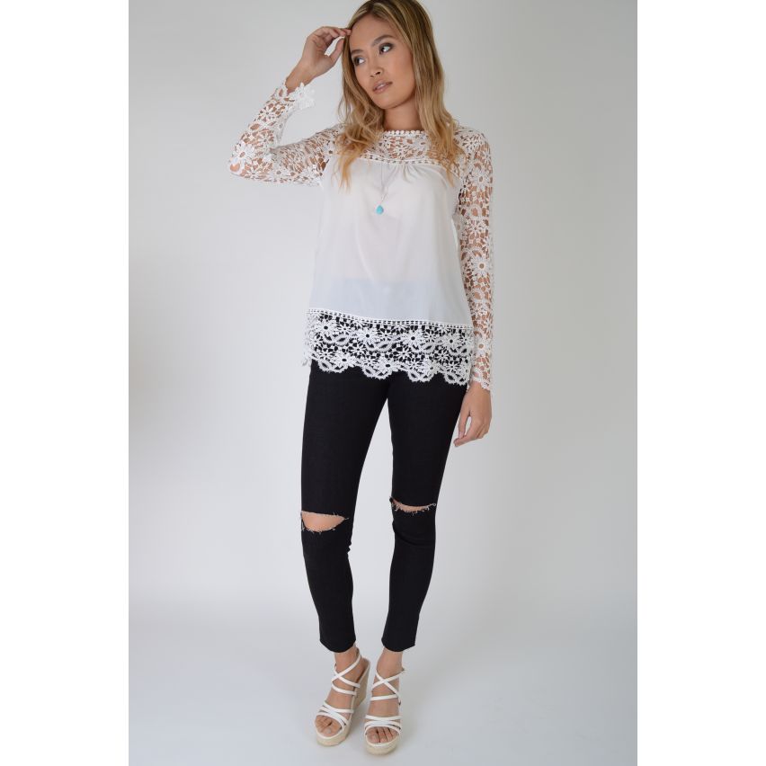 Lovemystyle bianco Top trasparente con maniche lunghe di pizzo