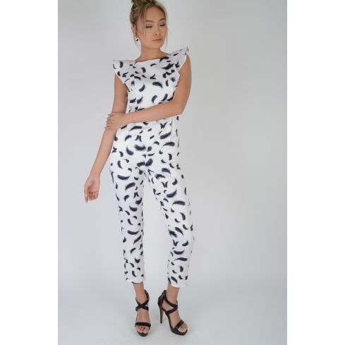 LMS White Jumpsuit With Black Feathers And Frill Detail