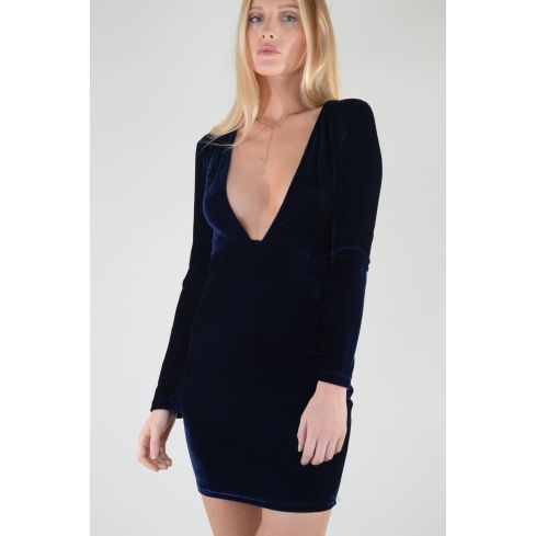 LMS Midnight Blue Bodycon Dress In Velvet With Plunge Neckline