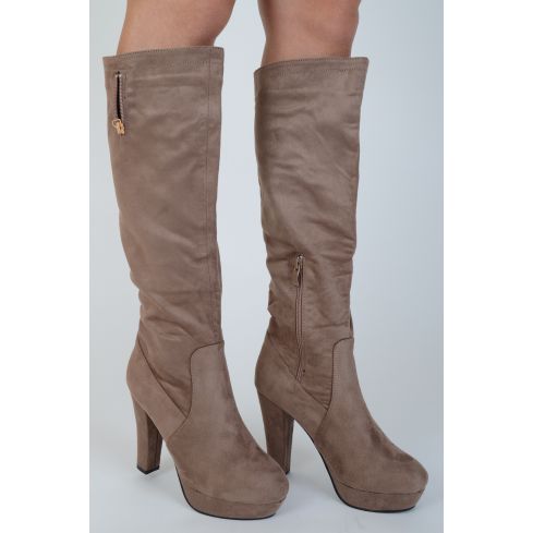 Lovemystyle Faux Brown Suede High Knee Boots With Heel