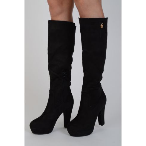 Lovemystyle gamuza negro rodilla altas botas con tacón