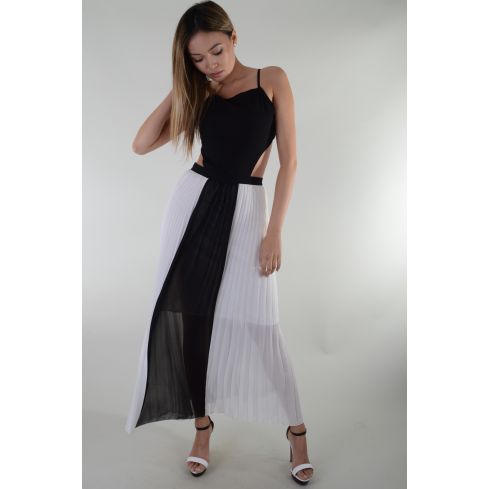 Lovemystyle White And Black Pleated Maxi Dress