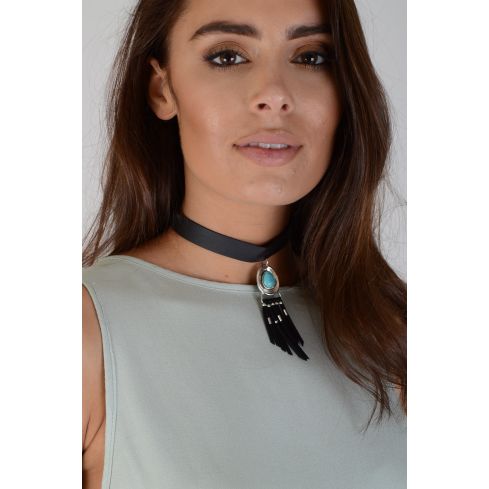 Lovemystyle zwarte Chocker met blauwe steen en kwast