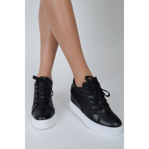 Lovemystyle Faux Leather High Top Wedged Trainers In Black