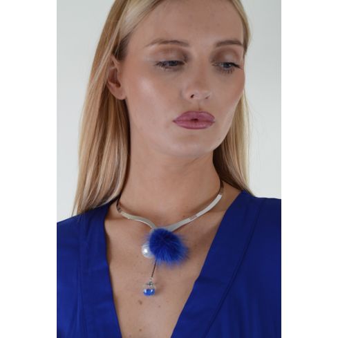 Lovemystyle Silver Metal Necklace With Blue PomPoms And Baubles