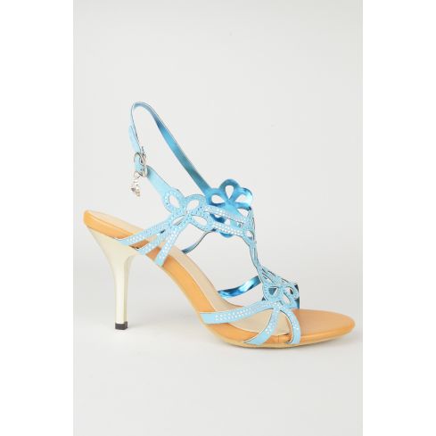 LMS Kitten Heel Sandal With Floral Laser Cutout Design In Blue