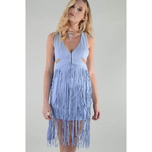 Lovemystyle Pastel Blue Suede Dress With Tassels