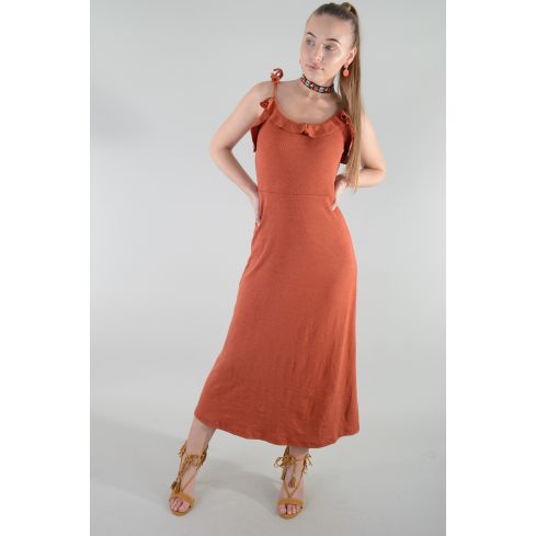 LMS Cotton Maxi Dress In Copper With Neck Line Frill Detail