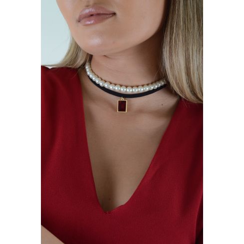 Lovemystyle Multi Row Pearl And Drop Down Red Gem Choker