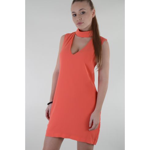 Lovemystyle Coral Shift Dress With Plunge Neck And Choker - SAMPLE