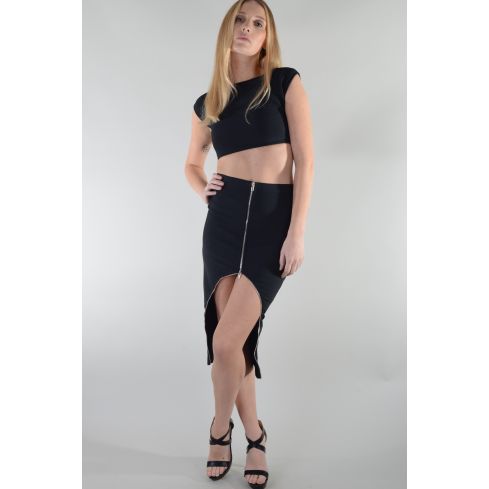 Lovemystyle schwarz Co-Ord mit bauchfreies Top und Rock Reißverschluss