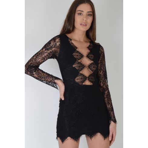 LMS Black Plunge Neck LBD With Lace Long Sleeves
