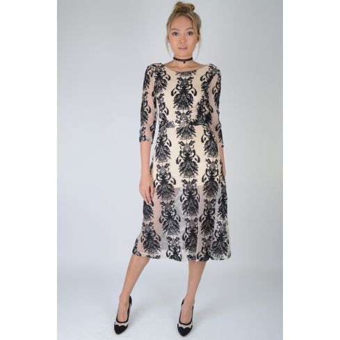 LMS White Midi Dress With Black Baroque Embroidered Mesh Overlay - SAMPLE
