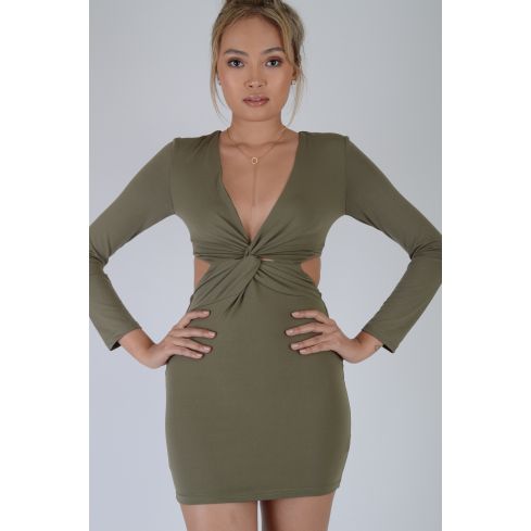 LMS Khaki Green Long Sleeve Bodycon Dress With Twist And Cut Out