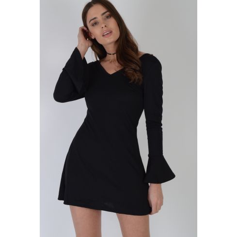 Lovemystyle Bell Long Sleeved Black Skater Dress With Plunge Neck